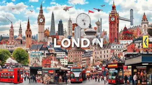 A vibrant collage showcasing London's iconic landmarks, diverse cultures, bustling markets, and lively entertainment, with a focus on capturing its blend of history and modernity.