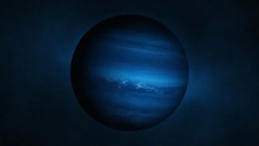 A mysterious, deep blue planet Neptune with a prominent, dark, Earth-sized oval storm visible in its southern hemisphere, against a backdrop of distant stars. Emphasize the stormy, turbulent atmosphere.