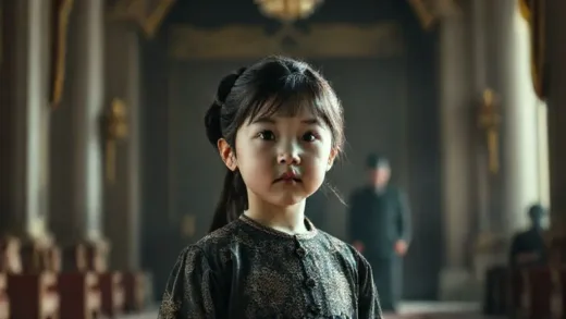 A young girl, reminiscent of Kim Ju-ae, standing in a regal setting, with a subtle, shadowy figure of a man (Kim Jong-nam) in the background, symbolizing a hidden past tragedy. The scene should evoke a sense of grandeur mixed with underlying sorrow and mystery. Focus on the contrast between light and shadow, and the young girl's prominent position.