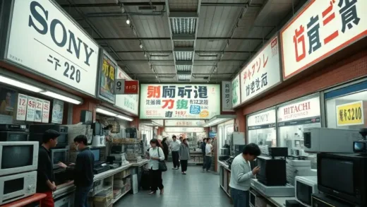 A historical image depicting bustling Japanese electronics stores in the 1980s, showcasing Sony, Panasonic, and Hitachi products, with a subtle overlay of a declining trend.