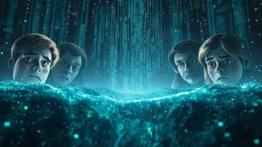 A visual metaphor for leaked data flowing into a digital abyss, with worried faces looking on in concern. The atmosphere is tense and uncertain.