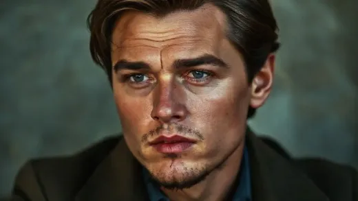 Leonardo DiCaprio as a young man with a slight shadow on his face, looking thoughtful, with subtle hints of early Hollywood glamour and a mysterious aura.