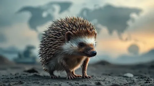 A metaphorical image of a small but powerful hedgehog, its spines representing advanced military technology, standing confidently against a backdrop of global military interest. The scene should be modern and symbolic, emphasizing strength and strategic independence.