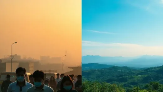 A split image. On the left, a polluted urban landscape with a hazy, yellow-orange sky and people wearing masks. On the right, a vibrant, clear blue sky over a lush, green landscape with distant mountains. The overall tone contrasts despair with hope.
