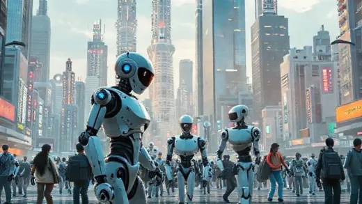 A futuristic cityscape with various humanoid robots interacting with humans in everyday scenarios, embodying a seamless integration into daily life, vibrant and dynamic.