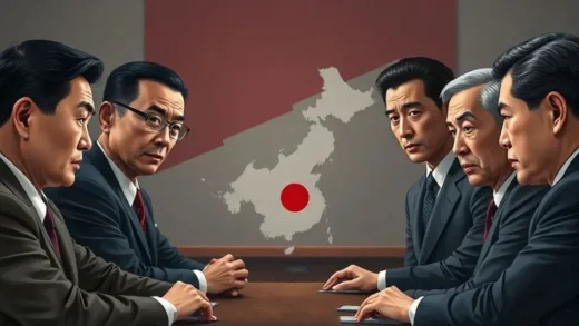 A tense diplomatic meeting scene with maps of East Asia, highlighting Dokdo. Focus on serious expressions and subtle power dynamics. Realistic style.