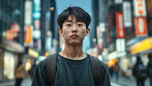 A young Korean person standing in a city, looking seemingly normal from the front, but with a large, heavy, invisible "debt" burden pulling them down from behind. The city lights are bright, but the person's expression is subtle anguish. The background is a modern, bustling South Korean city street.