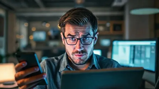 A person looking overwhelmed by multiple glowing screens (phone, tablet, computer) in a modern, slightly chaotic setting, symbolizing information overload and distraction.