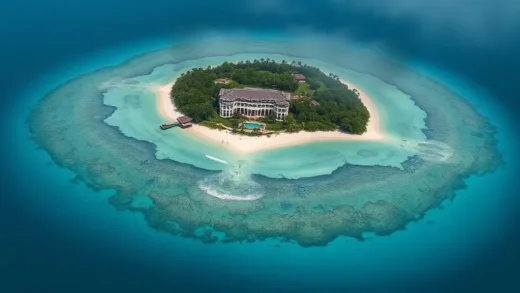 An aerial view of a luxurious private island surrounded by clear blue ocean, with pristine beaches, lush greenery, and large villas. However, there's a subtle, unsettling shadow or dark aura surrounding the island, hinting at a hidden, sinister past. The overall mood is mysterious and foreboding.