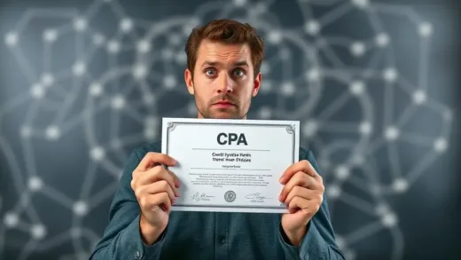 A person holding a CPA certificate looking puzzled and worried in front of a blurry, complex path, symbolizing uncertainty. The certificate should be prominent.