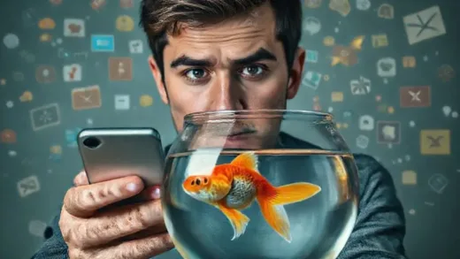 A person looking distracted while holding a smartphone, surrounded by swirling, fragmented digital content icons, with a goldfish in a bowl in the foreground. The overall mood is a bit overwhelmed but also curious.