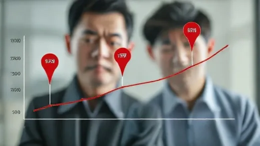 A graph showing an upward trend of real estate prices in Seoul, with three markers indicating failed government policies (6.27, 9.7, 10.15). In the background, there is a frustrated person looking at the graph.