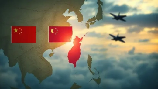 A dramatic image depicting a historical map of East Asia, with a spotlight on Taiwan. Overlaid on the map are subtle outlines of Chinese and Japanese flags, suggesting tension. In the background, a blurred image of modern fighter jets in the sky.