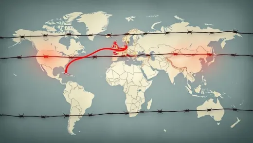 A global map with trade routes turning into barbed wire fences, symbolizing trade wars and economic uncertainty, with a sense of tension and challenge.