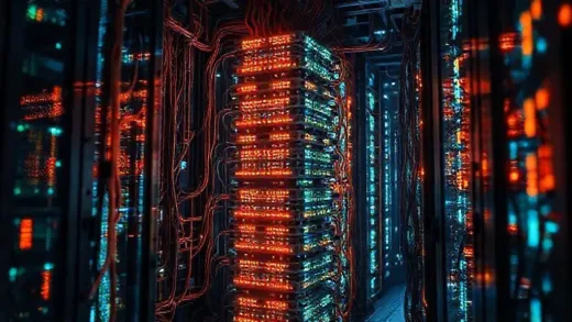 Futuristic data center interior with glowing AI chips stacked vertically, connected by numerous thick, illuminated copper cables, high-tech, intricate, digital art, cyberpunk elements.