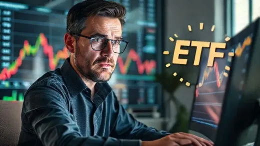 A person looking at a volatile stock market chart on a computer, looking concerned, but with a glimmer of hope as a "strategic investment" idea appears, perhaps a stylized ETF symbol.