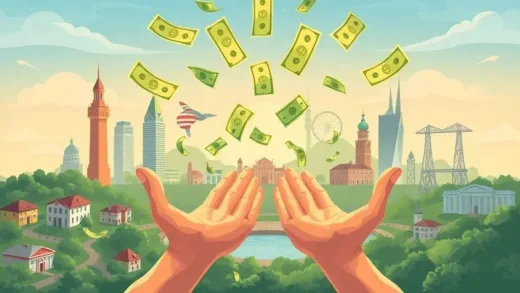 A vibrant illustration of money falling into open hands, with various local landmarks in the background, symbolizing financial support and hope for residents. The scene should convey a sense of excitement and relief.