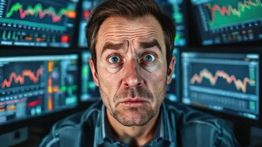 A person looking overwhelmed by a flood of digital information (charts, news feeds) on multiple screens, with a worried expression.