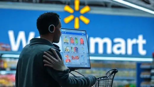 A futuristic shopping scene where a person interacts with an AI assistant on a screen to buy groceries, with a stylized Walmart logo in the background. The AI assistant shows various product options and a seamless checkout process.