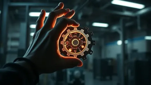 A dark, shadowy hand subtly reaching out to steal glowing gears and circuit boards from a smaller, brighter gear, symbolizing technology theft. The background shows a modern industrial setting, with a sense of tension and stealth.