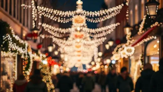 A festive, warm image of a city street adorned with sparkling Christmas lights and decorations, with people happily enjoying the atmosphere, perhaps blurred in the background to emphasize the lights.