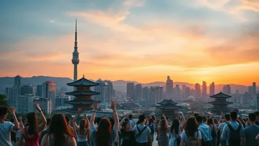 A vibrant, modern cityscape of Seoul at sunset, with iconic landmarks like N Seoul Tower and traditional elements like Gyeongbokgung Palace subtly visible. People are enjoying K-pop dance and K-beauty activities in the foreground. The overall mood is exciting and dynamic.