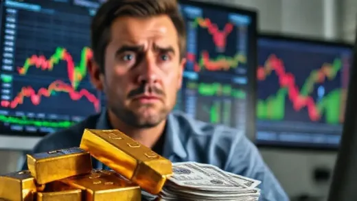 A person looking at multiple stock market charts on a computer screen, a worried expression on their face, with gold bars and cash in the foreground, representing a balanced investment strategy during market volatility.