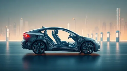 A futuristic electric car, half-emerged from a starting line made of traditional car parts, with a subtle glow, symbolizing the early stages of the EV era. In the background, abstract elements of charging stations and smart city infrastructure.