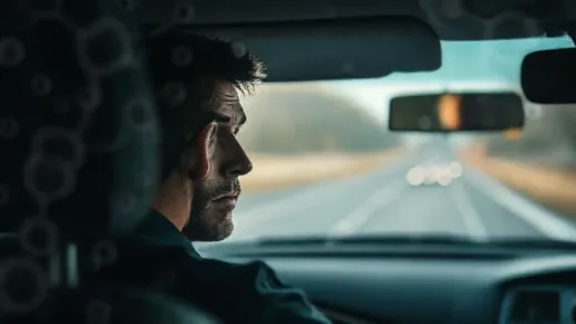 A person looking thoughtfully at a blurry road from a car, with abstract drug molecules subtly integrated into the background, conveying uncertainty and caution.