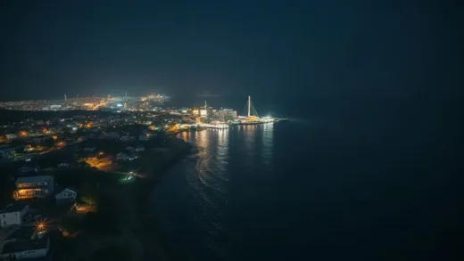 An aerial view of a Japanese coastal town at night, showing houses with lights on and a subtle ripple effect over the water, indicating a recent earthquake. The sky is dark, and there’s a sense of unease. Focus on the Aomori/Hokkaido region.