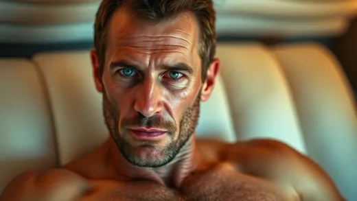 A man with a unique skin condition on a tanning bed, distinct from others, with a thoughtful expression, warm light, inviting and intriguing atmosphere.