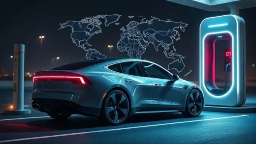 A futuristic electric vehicle charging at a supercharger station, with an overlay of a global network of charging points. The car has subtle visual cues of advanced AI software in action. Night scene with glowing elements.