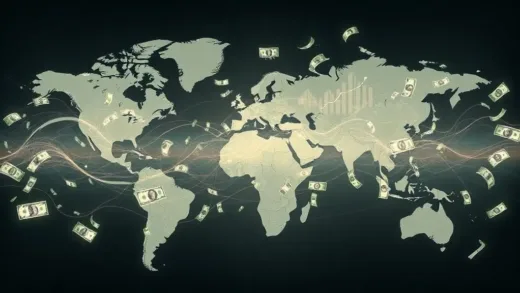 An abstract visual representation of money flowing rapidly and expanding across a global map, with graphs showing steep upward trends for 'money supply' dwarfing 'economic growth' and 'inflation'. Include subtle elements referencing central banks and government buildings, symbolizing the origin of the money flow.