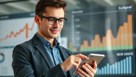 A young professional, looking confident and smart, easily investing in a diverse portfolio on a tablet or smartphone, with charts and graphs indicating growth in the background. The scene should convey ease and modernity of investment.
