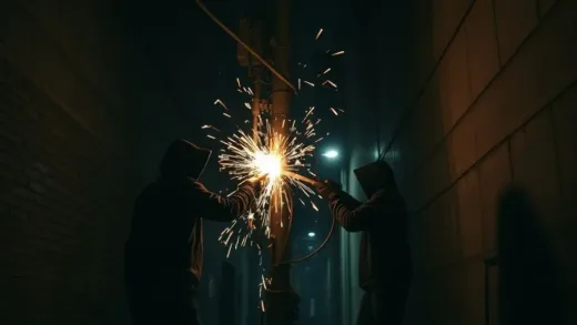 A dark alley at night, two figures are stealthily cutting copper cables from a communication pole, with sparks flying. Emphasize the clandestine and dangerous nature of the act.