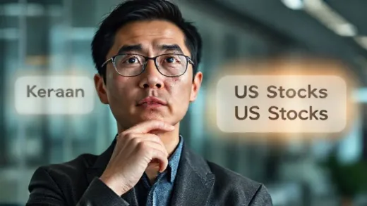 A person thoughtfully looking at two paths, one labeled "Korean Real Estate" and the other "US Stocks," with a subtle glow around the US Stocks path. The setting is modern and financial.