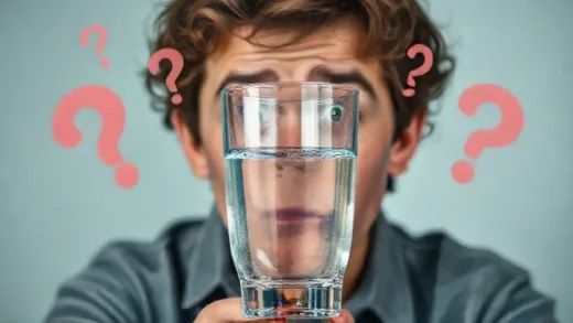 A curious person looking at a glass of water, surrounded by question marks, conveying common doubts about water.