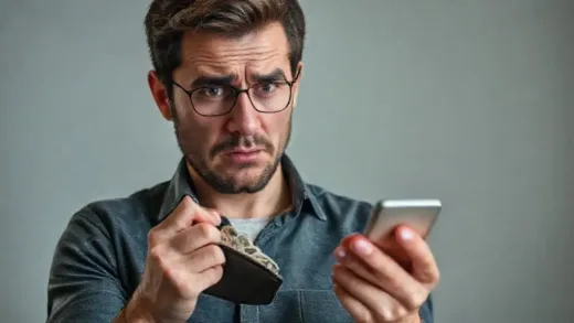 A person looking confused and stressed while checking an empty wallet or bank account on a smartphone, with money appearing to slip through their fingers like sand.
