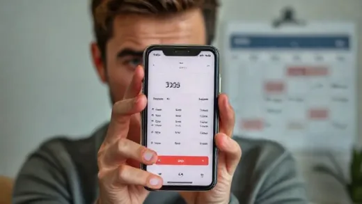 A person looking stressed at an empty bank account balance on a smartphone screen, with a calendar showing recurring monthly expenses in the background. The mood is slightly anxious but hopeful.