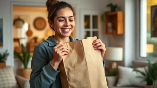 A person happily opening a delivery bag in a cozy home setting, with delicious food visible inside. The atmosphere is warm and inviting, showing everyday comfort and joy.