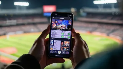 A smartphone screen displaying a sports betting app with vibrant graphics, reflecting a casino environment, with hands holding the phone in a casual setting. The background subtly shows elements of American culture, like a baseball field or a city skyline, to represent the widespread nature of the trend.
