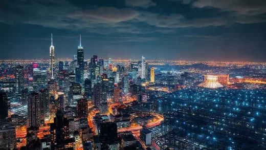 A composite image showcasing a vibrant night cityscape of major US East Coast cities like Chicago, Philadelphia, and Washington D.C., with glowing lights, seamlessly transitioning into a modern, expansive AI data center complex on the outskirts, highlighting electrical connections and energy flow.
