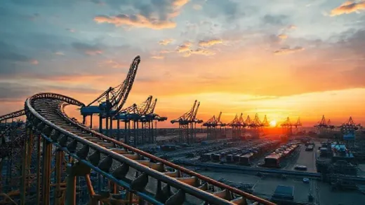 A dynamic image of a roller coaster track with a graph showing stock market fluctuations, superimposed on a background of modern shipbuilding yards at sunset, representing both volatility and industrial strength.