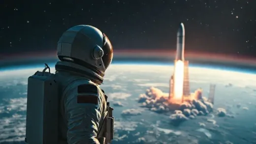 An astronaut gazing at a futuristic rocket launching into space, with Earth and a network of satellites visible in the background, representing innovation and ambition.