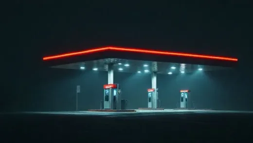A mysterious, well-lit gas station or EV charging station at night, with a subtle glow, implying a hidden powerful company behind the lights.