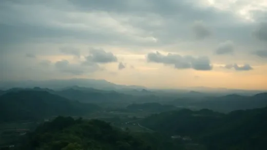A dramatic, slightly tense landscape shot of a border area between two Southeast Asian countries, with a subtle hint of digital scam activity in the background, perhaps a blurred screen with code.