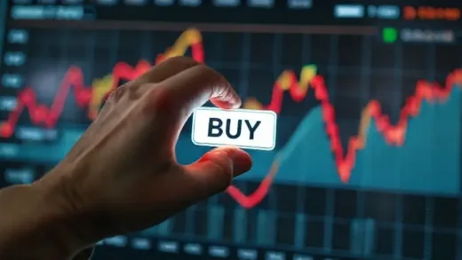 A person's finger hovering over a "BUY" button on a stock market interface, with a background showing a rising stock chart and headlines about "bubble" and "all-time high," conveying hesitation and fear.