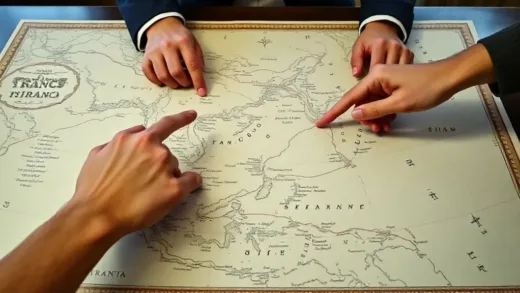 A historical map being drawn on a large table, with two hands, one representing France and the other Siam, pointing to different lines on the map, highlighting a disagreement.
