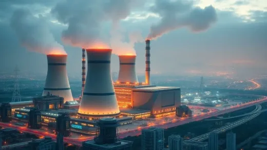 A futuristic power plant with glowing reactors, surrounded by a high-tech city, symbolizing the blend of technology and energy.