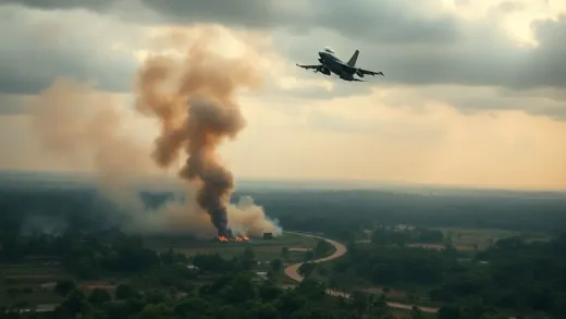 A dramatic image showing the border conflict between Thailand and Cambodia, with smoke rising from a disputed area, possibly with a F16 fighter jet flying overhead. Emphasize the scale of conflict and the historical tension.